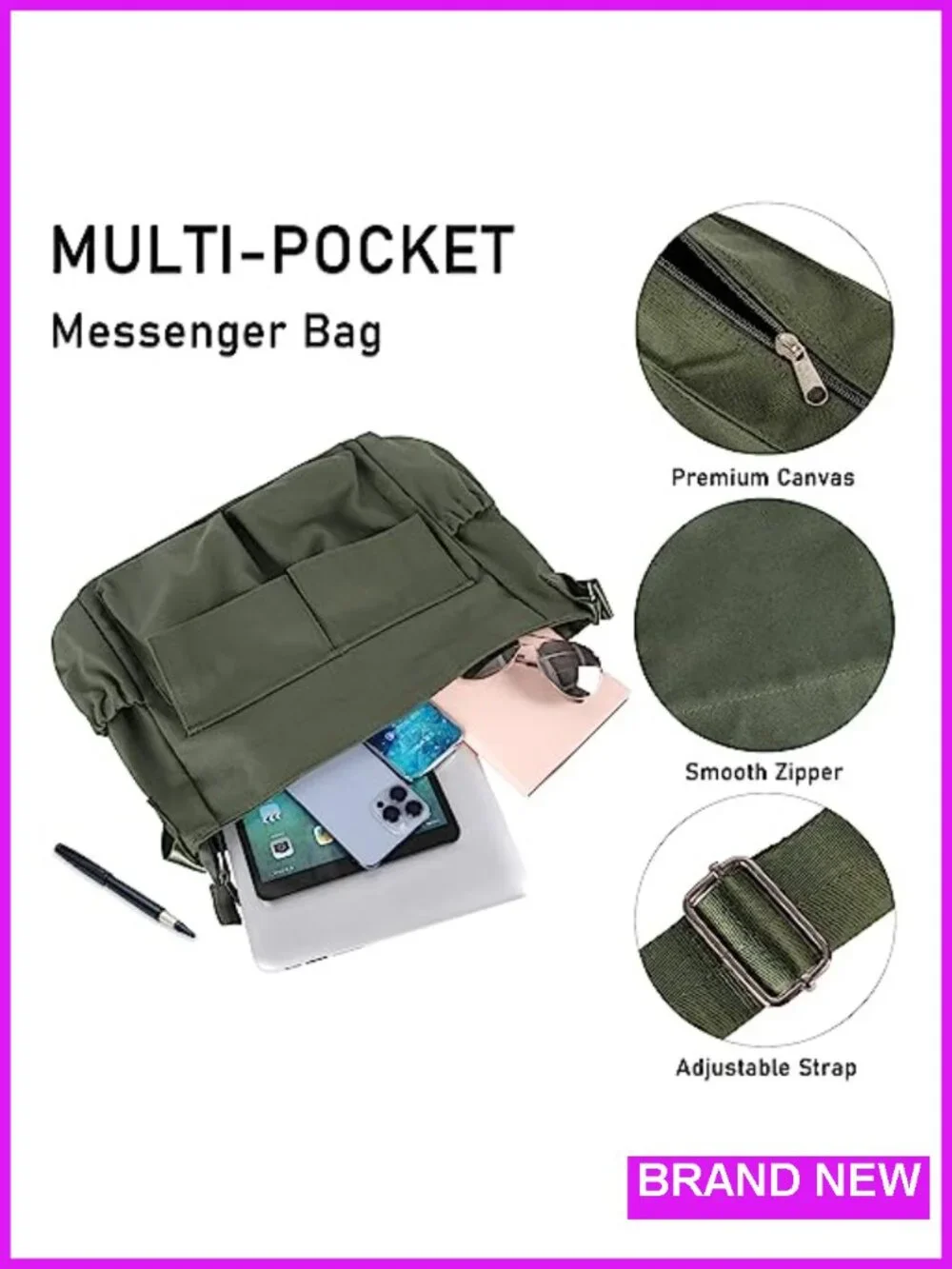 Large Canvas Messenger Bag Crossbody Shoulder Tote with Adjustable Strap and
